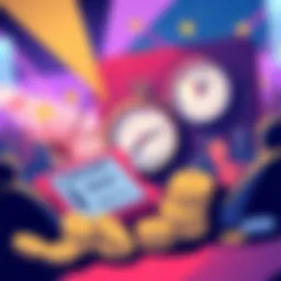 An illustration showing concert tickets and digital currency symbols like atlas bucks, with a clock indicating time management.