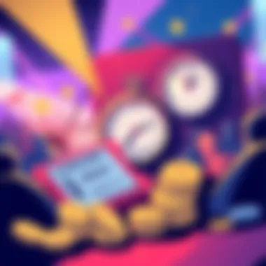 An illustration showing concert tickets and digital currency symbols like atlas bucks, with a clock indicating time management.