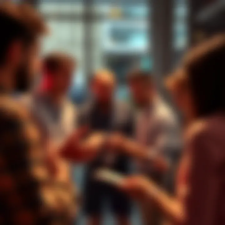 Concise Communication A group of people engaged in a discussion, using gestures and brief notes to communicate effectively.