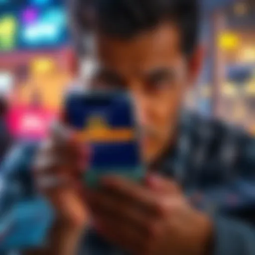 A frustrated person staring at a smartphone screen with a Bitcoin wallet app open, showing a pending transaction status, surrounded by bills and a calculator