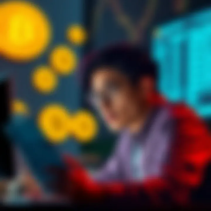 A person looking puzzled while reviewing capital gains tax reports on a computer screen, with Bitcoin logos in the background.