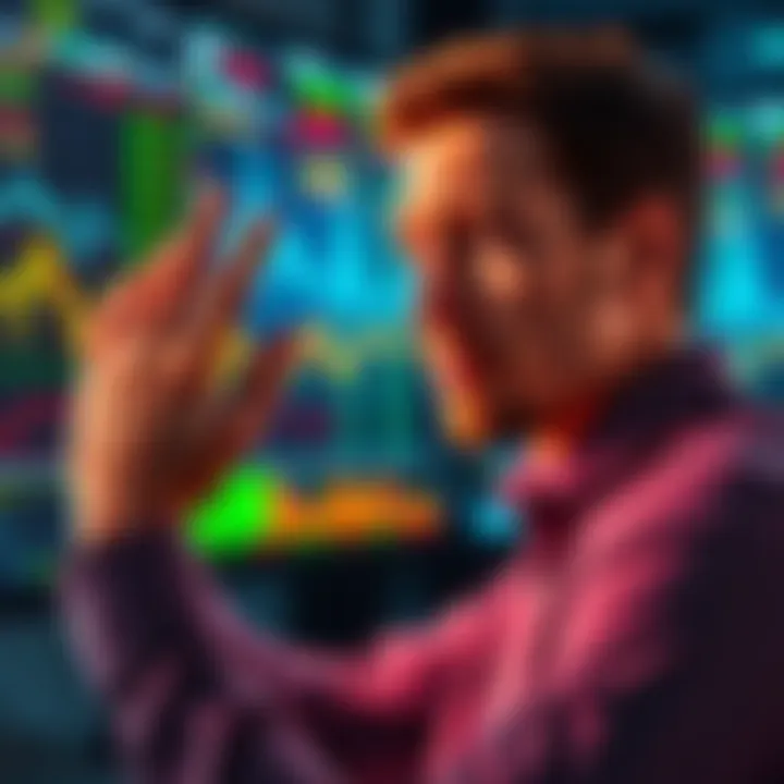 A frustrated person watching stock market charts on a computer screen, feeling overwhelmed by financial data.