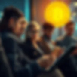 A group of people looking puzzled while reading comments about Bitcoin on laptops and phones