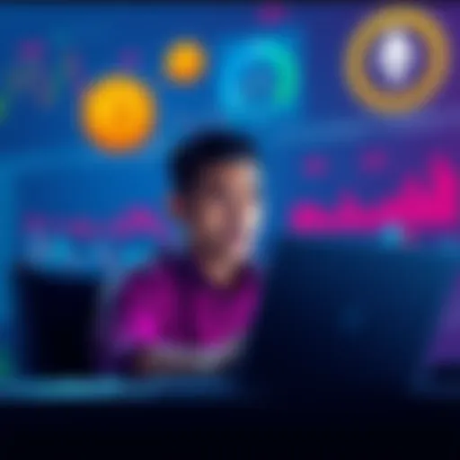 A person looking puzzled while using a laptop to check Tethereum transactions, surrounded by charts and graphs, indicating high fees and confusion about token transfers.