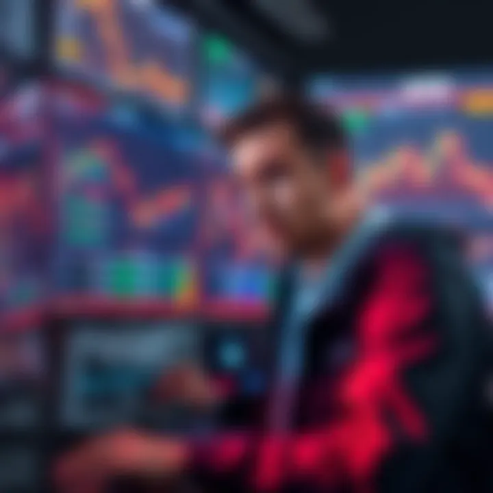 A person sitting in front of a computer, looking puzzled while viewing charts and graphs related to meme coin trading.