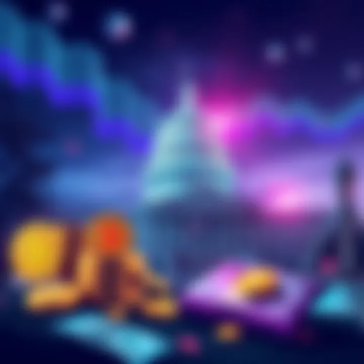 Congress Passes Stablecoin Regulation Illustration of Congress building with cryptocurrency symbols and money in the foreground, representing new stablecoin regulations.