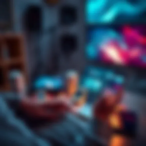 A person using a smartphone and laptop surrounded by digital tools like smart speakers and tablets