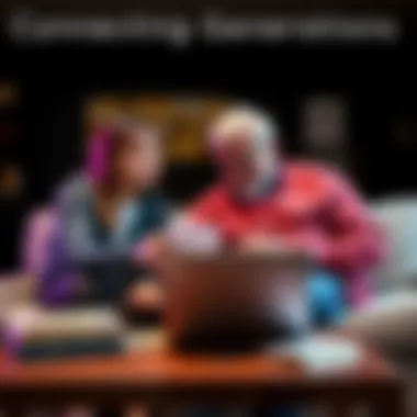 Connecting Generations A young person and a boomer sitting together, discussing and smiling over a coffee table with books and a laptop, showing collaboration and understanding between generations.