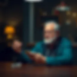 A man sits at a table, looking at his phone with a thoughtful expression. His Facebook post on politics is displayed on the screen.