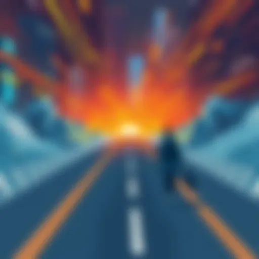 An illustration showing a steady road with a person walking confidently, while flashy distractions appear in the background.