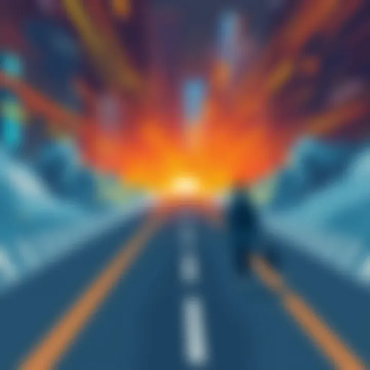An illustration showing a steady road with a person walking confidently, while flashy distractions appear in the background.