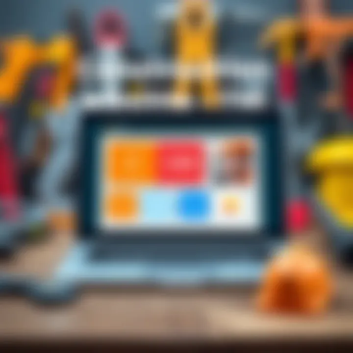 A laptop displaying various CMS platforms for construction websites with construction tools in the background.