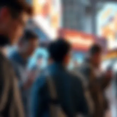 A group of people interacting with digital screens showing BrandBoost's consumer engagement features.