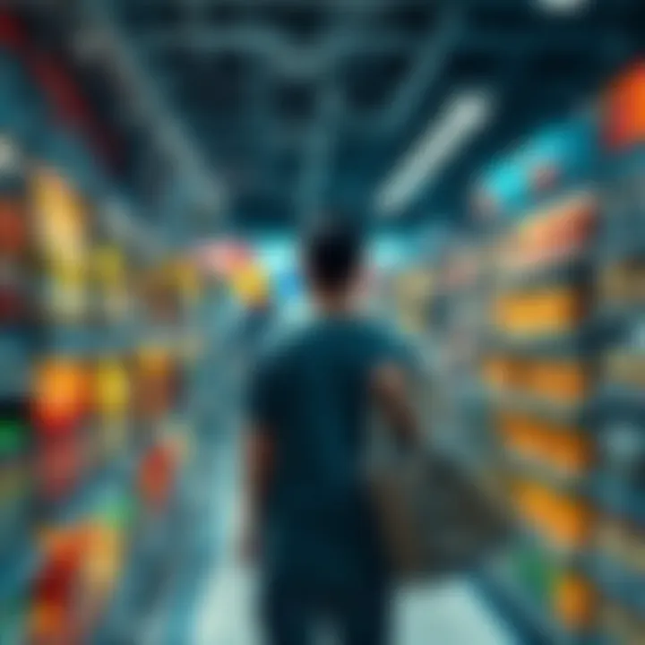 Consumer Pricing Choices A shopper comparing prices on products in a store aisle, reflecting on buying decisions influenced by price.