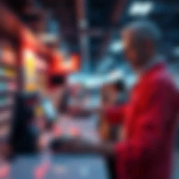 A retail worker using a contactless payment device with Hedera tokens at a checkout counter