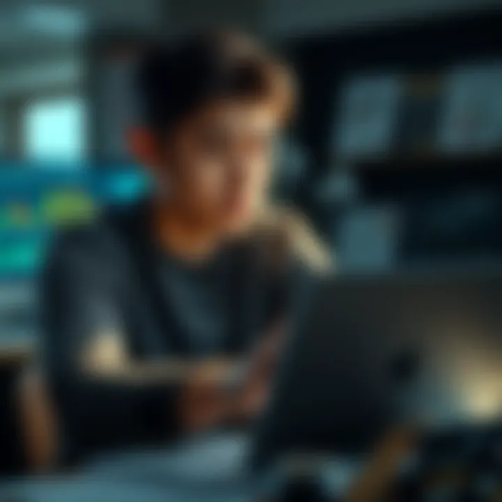 A 28-year-old culinary instructor looks thoughtfully at a laptop screen with Bitcoin charts, surrounded by financial documents, expressing concern about the economy.