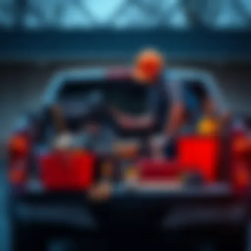 A home improvement contractor loading tools and materials into a pickup truck for a client job