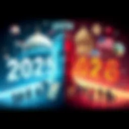 A split image showing political, technological, and cultural symbols representing the years 2025 and 2026, highlighting key differences.