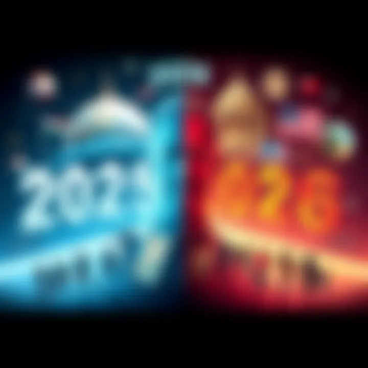 A split image showing political, technological, and cultural symbols representing the years 2025 and 2026, highlighting key differences.