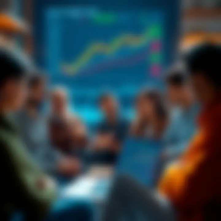 A group of diverse people sitting together, discussing coping strategies for cryptocurrency downturns, with charts on a laptop showing market fluctuations in the background.