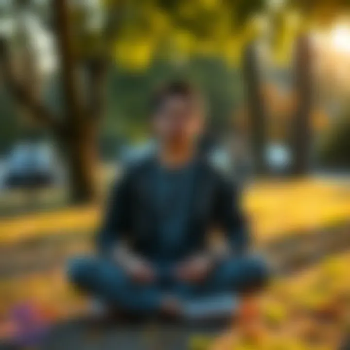 A person sitting calmly in a park, practicing deep breathing techniques to enhance coping skills