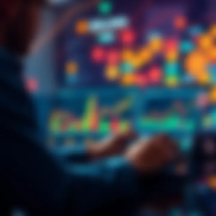 A person analyzing performance charts on a laptop with cryptocurrency symbols in the background.