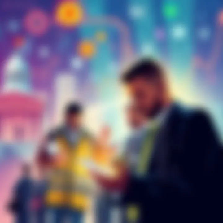 Corporate Payments in Stablecoins A graphic showing corporate workers making payments with stablecoins on digital devices, with icons of banks and government buildings in the background.