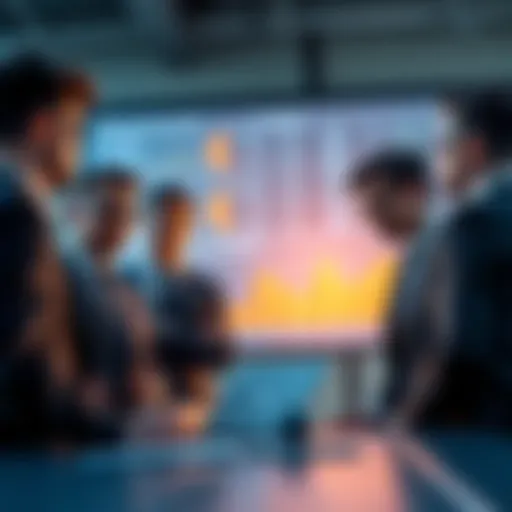 A group of business professionals discussing Ethereum strategies with charts and graphics in the background.
