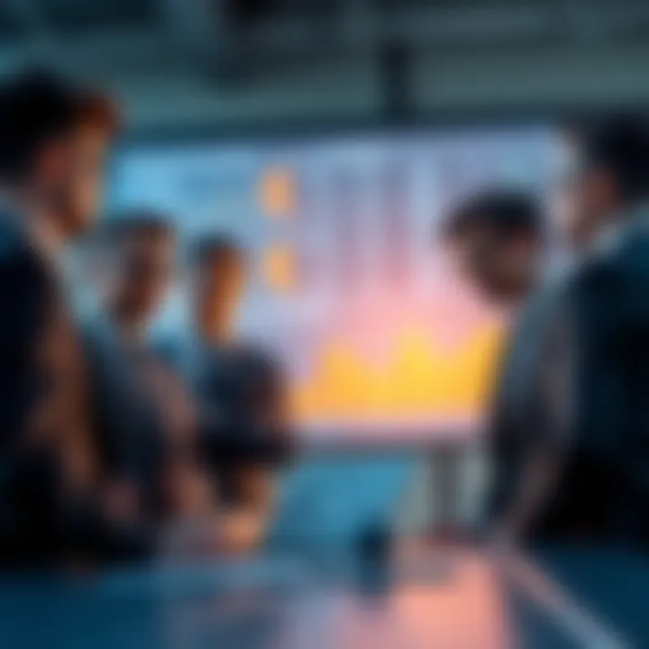 A group of business professionals discussing Ethereum strategies with charts and graphics in the background.