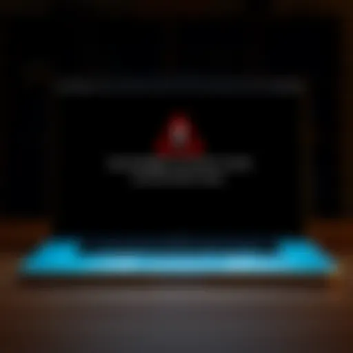 A MacBook Pro displaying a black screen with a warning message about corrupt files on startup.