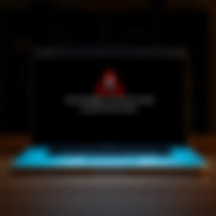 A MacBook Pro displaying a black screen with a warning message about corrupt files on startup.