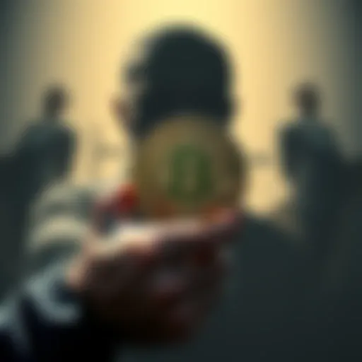 A person holding R-Bitcoin with a shadow of corrupt politicians in the background