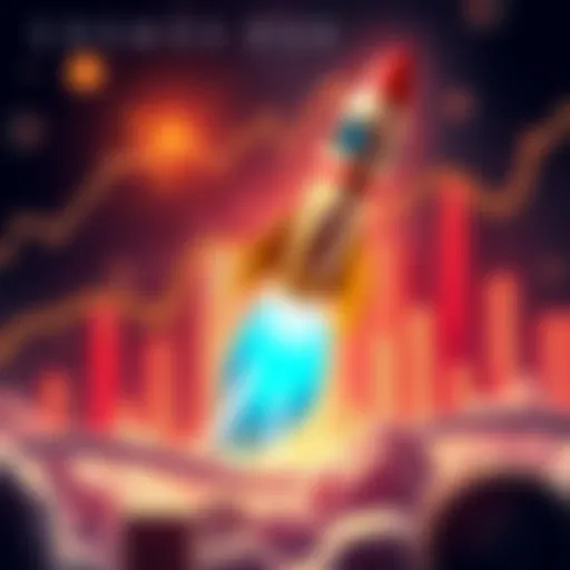 A graphic showing a rocket symbolizing the projected growth of Cosmos Hub's market cap, with a backdrop of cryptocurrency symbols and charts indicating upward trends.