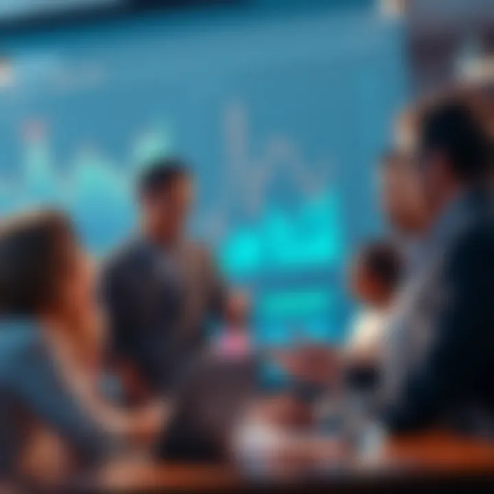 A group of people discussing their financial errors in decentralized finance with charts and graphs in the background