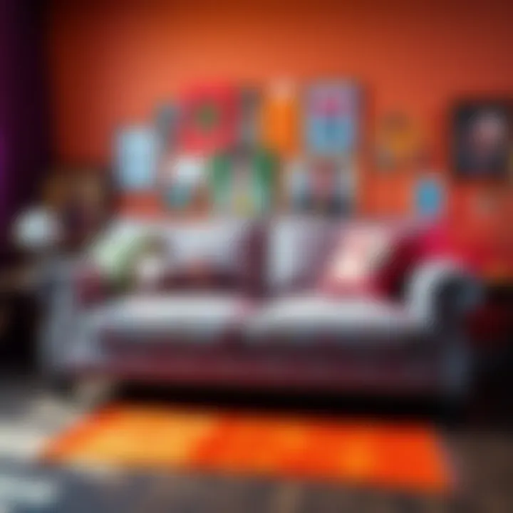 A colorful couch surrounded by art and humor elements representing emotional support and community.