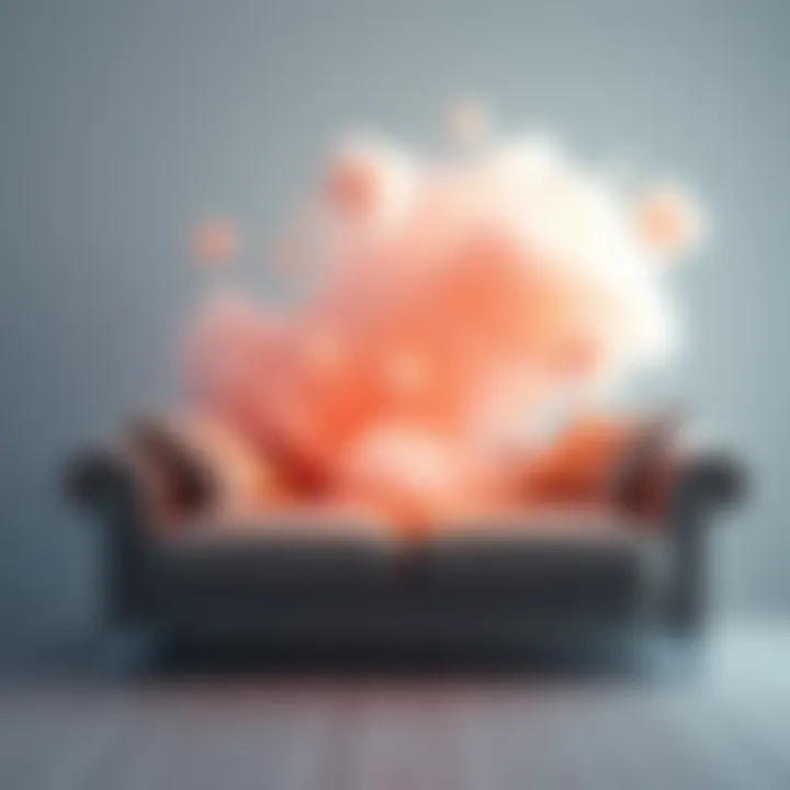 A couch appears alive, releasing puffs of soft clouds and reflecting a person's deep thoughts and feelings, illustrating emotional exhaustion.