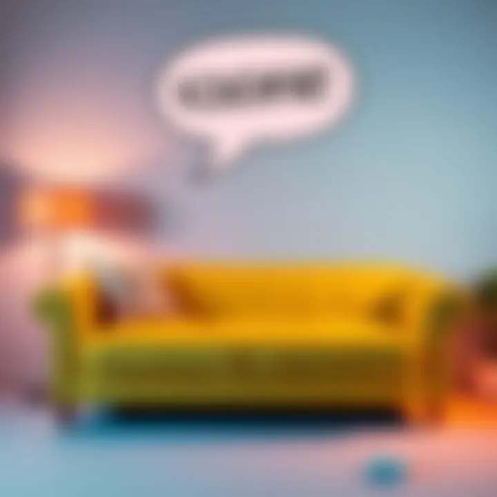 A couch with a cartoon speech bubble above it, humorously suggesting it has something to say. The scene is playful, depicting the quirky trend of people taking their furniture conversations seriously.