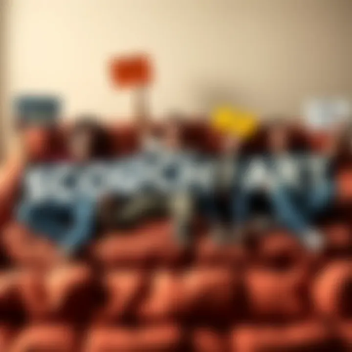 A group of people sitting on worn couches, laughing and holding signs related to the $COUCHFART meme coin, symbolizing unity and comfort in a lighthearted movement.