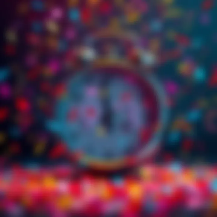 A clock ticking down to the winner announcement with colorful confetti around it