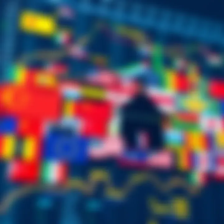 A visual representation of various countries' flags overlaying a digital spreadsheet, symbolizing decentralized real estate investments.