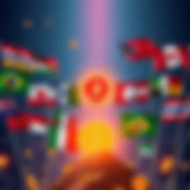 Countries Mining Bitcoin An illustration showing flags of 13 countries with Bitcoin symbols, representing their involvement in Bitcoin mining operations.