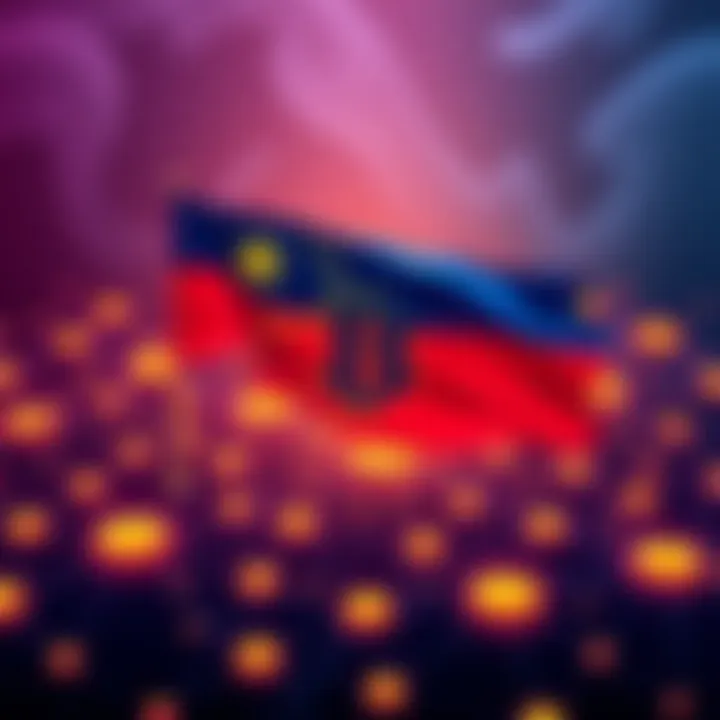 Country controlling Bitcoin nodes A graphic showing a rich nation flag dominating a network of interconnected Bitcoin nodes, representing control over cryptocurrency governance