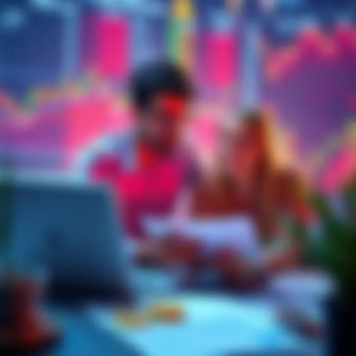 A couple discussing and analyzing Litecoin investment options on a laptop, surrounded by charts and financial data