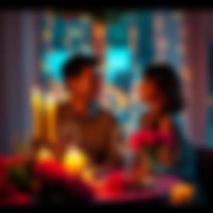 A happy couple enjoying a romantic dinner, surrounded by candles and flowers, celebrating a special occasion.