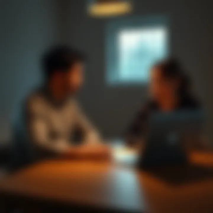 A man and woman sitting at a kitchen table, engaged in a serious conversation about Bitcoin investments during a bear market, with a laptop and charts visible in front of them.