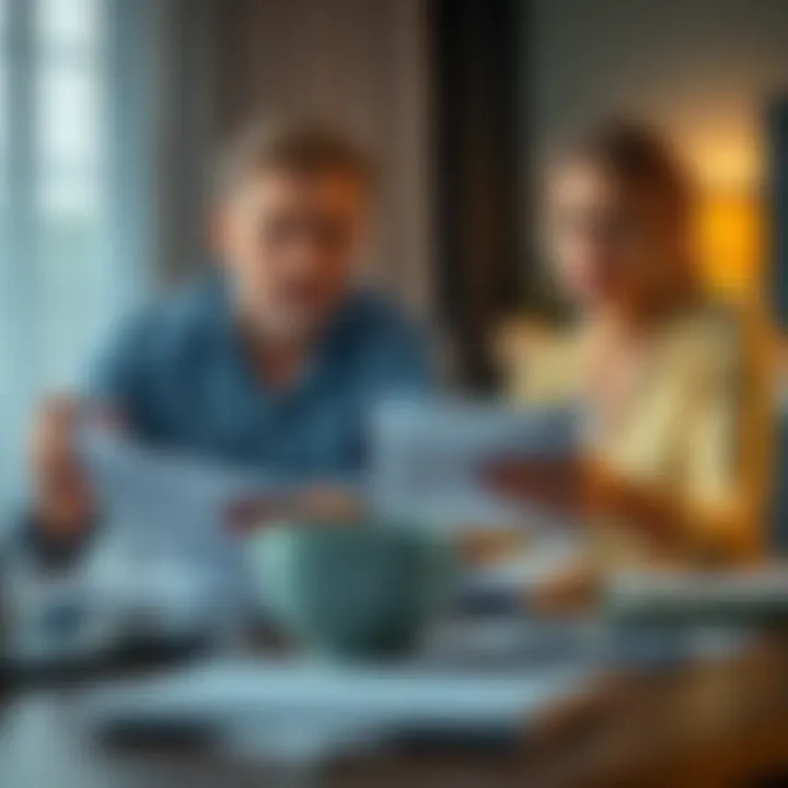 A couple sitting at a table, discussing financial documents with a worried expression on the man's face and a concerned look on the woman's face.