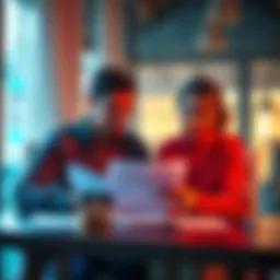 A couple sits at a table looking at financial papers, contemplating whether to sell their house or downsize.