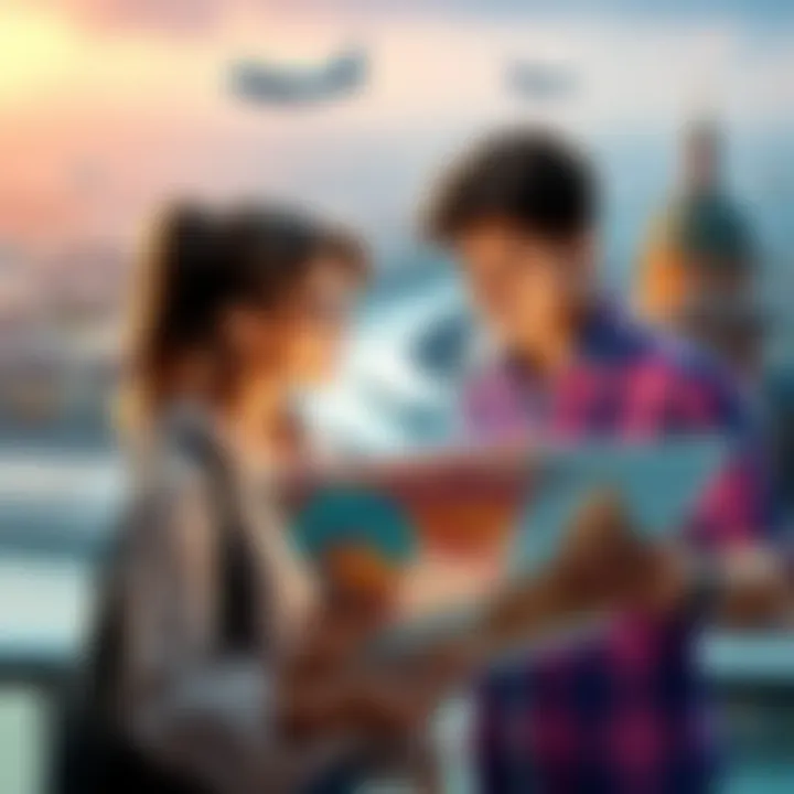 A young couple discussing vacation plans with a map and laptop, looking excited about traveling to Europe, with images of landmarks around them.