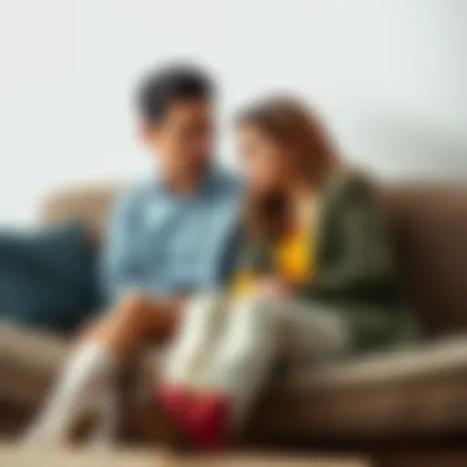 Couple discussing an apology A couple sits on a sofa, looking serious while discussing an apology, showing mixed emotions on their faces.