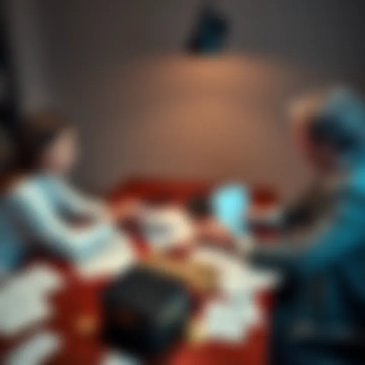 A couple sitting at a table with a lawyer, papers scattered, looking concerned about hidden cryptocurrency assets during divorce proceedings.
